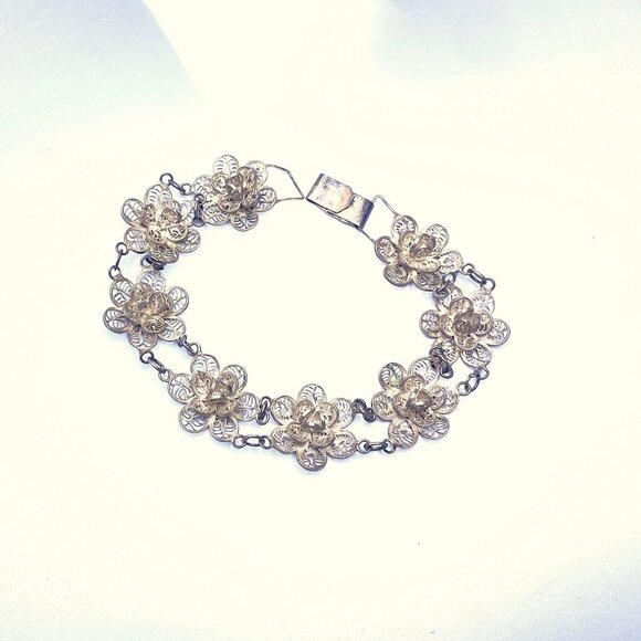 Vintage Mexican Silver Filigree Chrysanthemum Link Bracelet—1940-60s—EUC - Picture 5 of 8